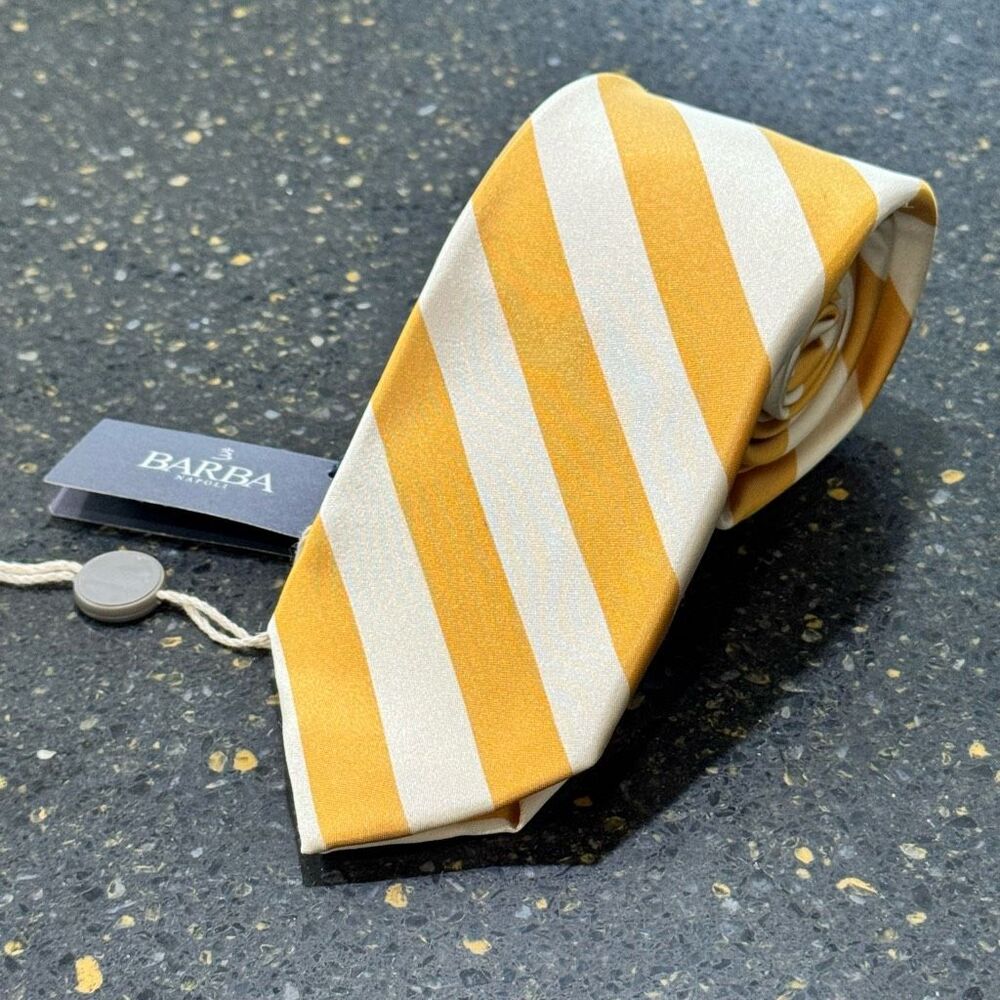 Barba Napoli Gold/White Striped Silk Tie.